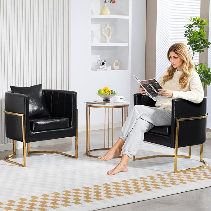 Modern Leather Accent Chairs Set of 2, Mid Century Upholstered Barrel Armchair with Pillow for Living Room, Comfy Single Vanity Chair with Metal Gold Legs for Bedroom, Black