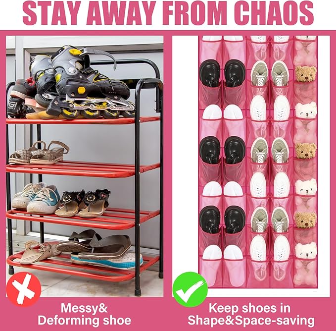 Windyun 40 Over the Door Shoe Organizer Large Mesh Pocket Hanging Shoe Rack for Closet Rose Red Nonslip Behind Door Storage Holder Back to School Organizer for Dorm Room College Classroom Storage