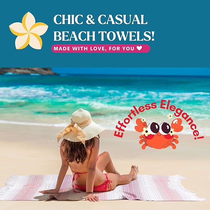 Native Fab Oversized Beach Towel, 4 Pack, 40x71 inches 100% Cotton Turkish Peshtemal for Adults,Soft & Absorbent, Extra Large Beach Towel for Hammam Spa Beach Blanket Bath, Cabana Strips, Red Orange