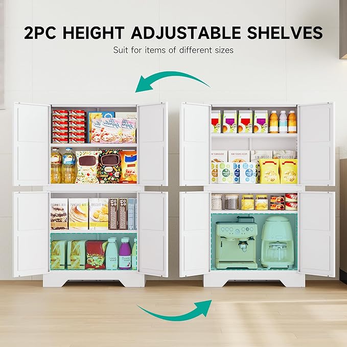 SISESOL White Storage Cabinet with 4 Doors and 2 Adjustable Shelves,Farmhouse Food Pantry Cabinets,Small Bathroom Cabinet,4 Tier Metal Storage Cabinets for Home Kitchen,Dining/Living/Laundry/Room | 4 Doors, 2 Adjustable Shelves, Farmhouse, Food Pantry ...