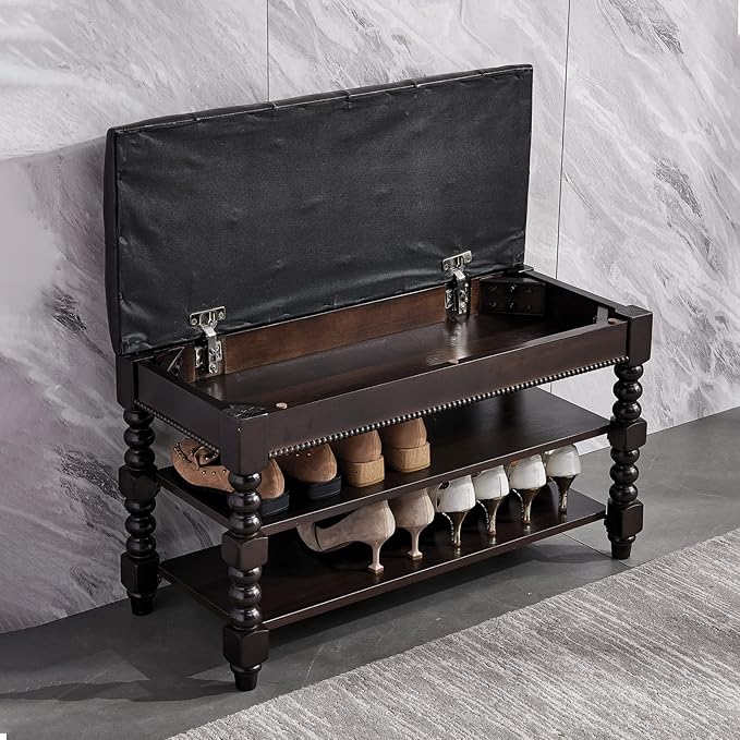 Shoe Storage Bench with Cushion, Entry Bench with Storage Solid Wood Shoe Bench Ideal for Entryway Living Room and Corridor (Walnut 31.5'')
