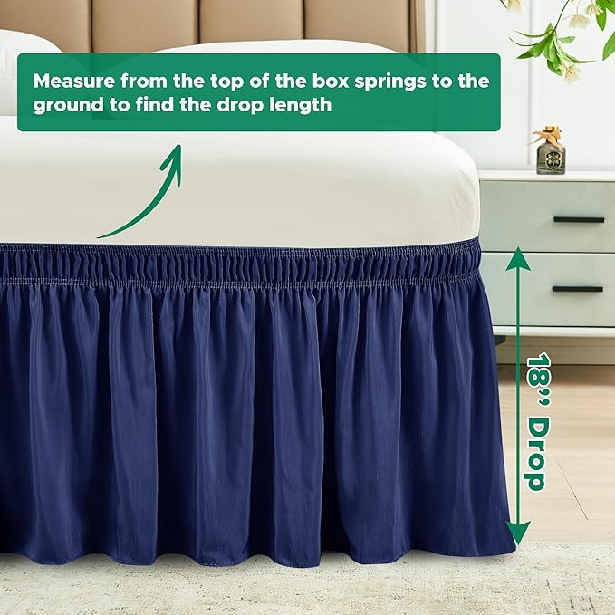 Biscaynebay Wrap Around Bed Skirts for King & Cal King Beds 18" Drop, Navy Adjustable Elastic Dust Ruffles Easy Fit Wrinkle Resistant Silky Luxurious Fabric Machine Washable