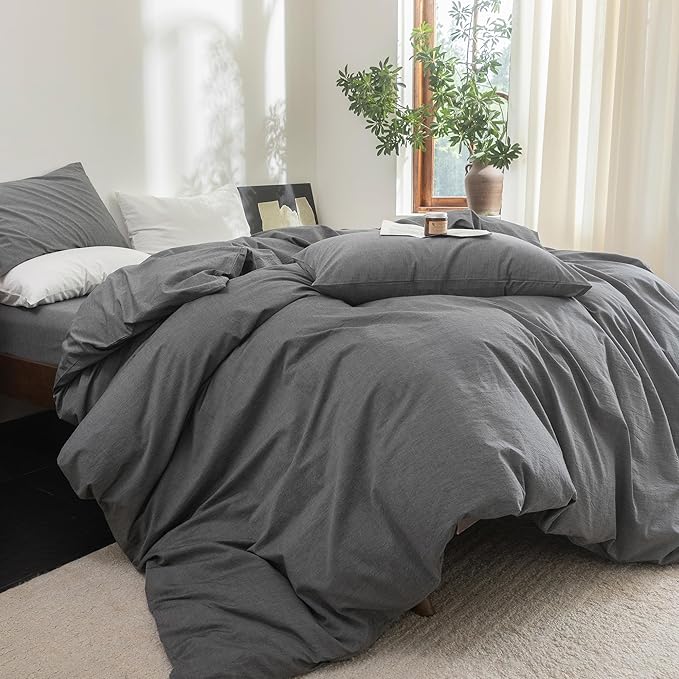 FOSSA Duvet Cover Set 100% Washed Cotton Linen Feel Super Soft Breathable Cozy 3 Pieces Bedding Sets Solid Dark Grey Oversized Queen