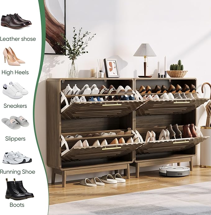 Shoe Storage Cabinet with Hand-Carved Raised Embossed 2 Flip Drawers,Slim Shoe Rack Cabinet, Narrow Shoe Cabinet Storage for Entryway Entrance, Freestanding Shoe Organizer Cabinet (Walnut)
