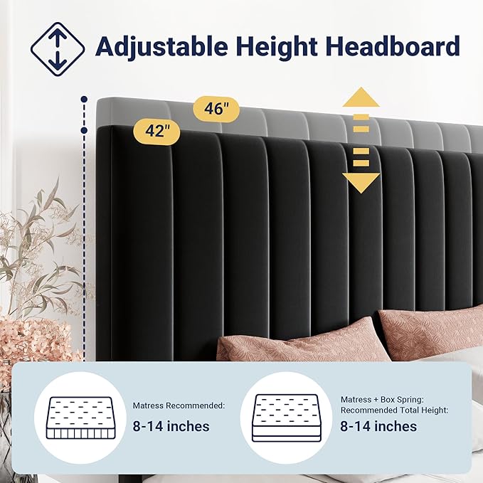 Allewie Full Size Storage Bed Frame, Vertical Channel Tufted Adjustable Headboard, Velvet Upholstered Platform Bed with 4 Oversized Underbed Drawers, Wooden Slats Support, No Box Spring Needed, Black
