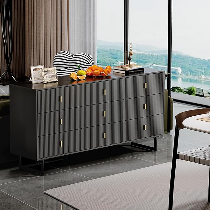 Modern Chest of Drawers with 9 Drawers,Deep Drawers,Clothes Organizer,Large Storage Cabinet for Living Room, Bedroom,Hallway,with Anti-Tipping Device,Dark