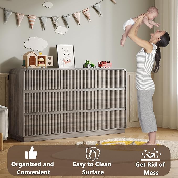Dresser for Bedroom with 9 Drawers, Fluted Chest of Drawers with Round Curved Corner, Hidden Handles, Modern Wood Storage Organizer for Bedroom, Nursery, Living Room