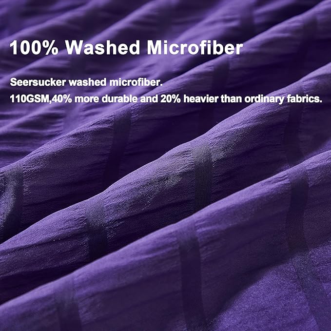AveLom Dark Purple Duvet Cover Full(80 x 90 inches), 3 Pieces (1 Duvet Cover, 2 Pillow Cases),Seersucker Tripe Soft Washed Microfiber Textured Duvet Cover Set with Zipper Closure, Corner Ties