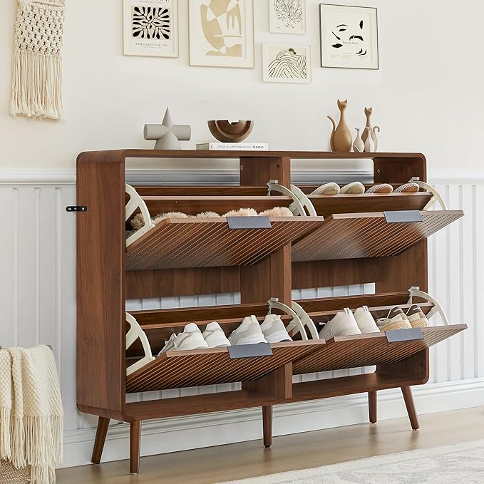 47" Fluted Large Shoe Cabinet with 4 Flip Drawers, Slim Freestanding Shoe Cabinet Organizer, Narrow Shoes Storage Rack for Entryway, 5 Sturdy Legs (All Walnut, 9.45" D x 47.24" W x 35.83" H)