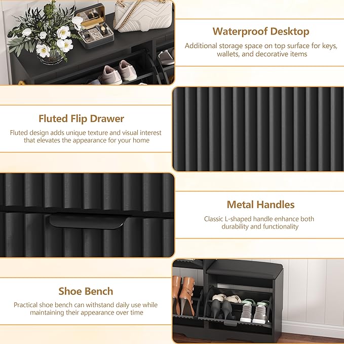 Shoe Cabinet Storage for Entryway with 4 Flip Drawers, Black Fluted Shoe Cabinet with Bench, Wooden Hidden Shoe Rack Freestanding Narrow Slim Shoes Storage Organizer for Hallway, Entrance