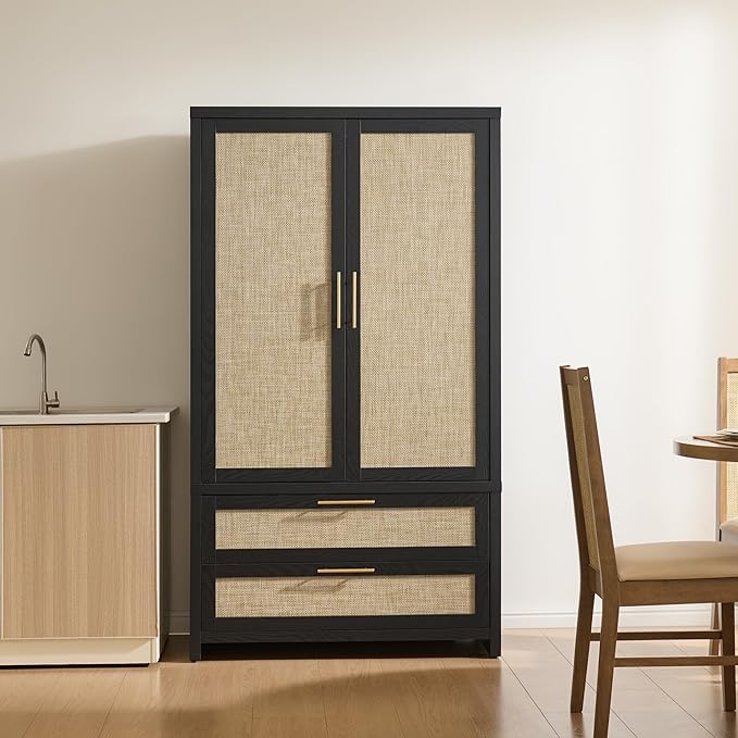 SICOTAS Rattan Armoire Wardrobe Closet Cabinet, 71" Wardrobe Storage Cabinet with Doors, 2 Drawers and Hanging Rod, Boho Large-Capacity Deep Armoire Clothes Organizer for Bedroom, Black Oak