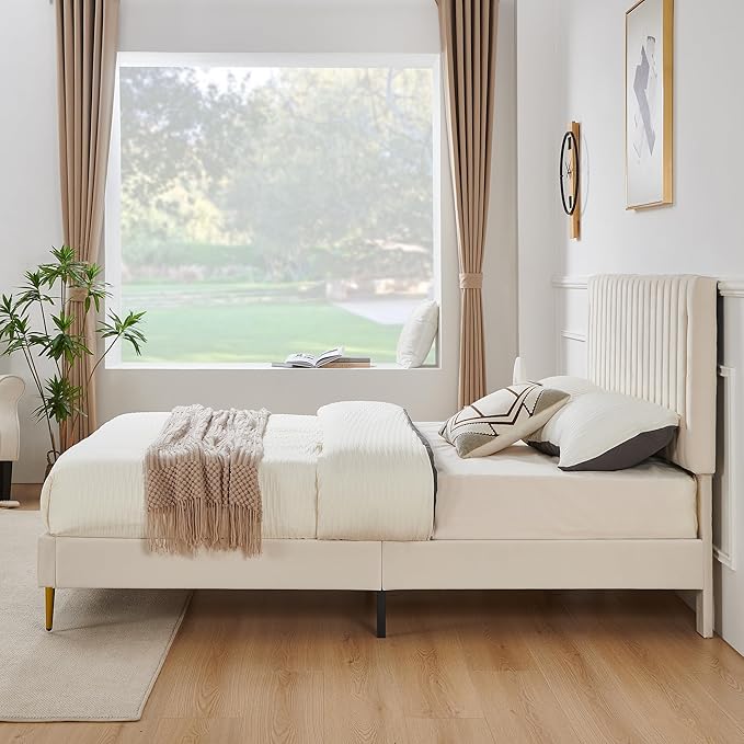 King Platform Bed Frame, Velvet Upholstered Bedframe with Vertical Channel Adjustable Headboard, Golden Plating Trim, Mattress Foundation with Wooden Slats, No Box Spring Needed, Beige