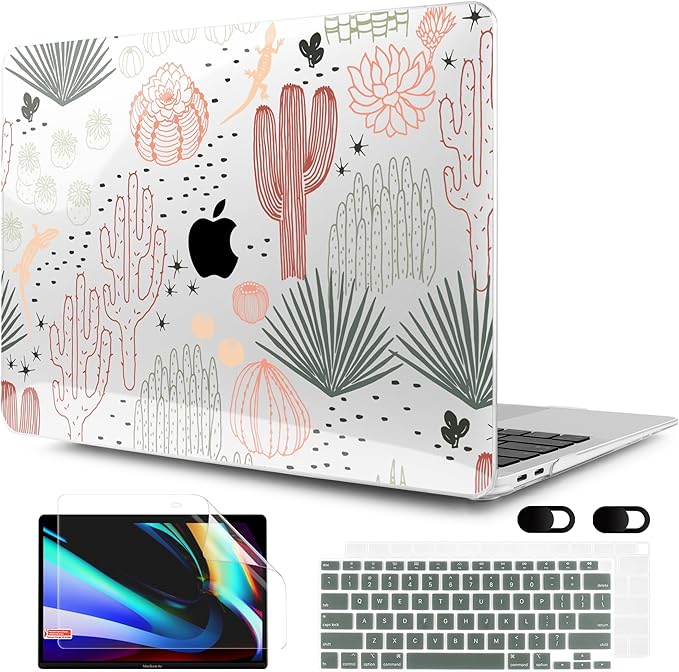MEEgoodo for MacBook Air 13 inch Case 2021 2020 2019 2018 Released A2337 M1 A2179 A1932 with Touch ID, Plastic Hard Shell & Keyboard Cover Compatible with MacBook Air Case 13.3, Cacti