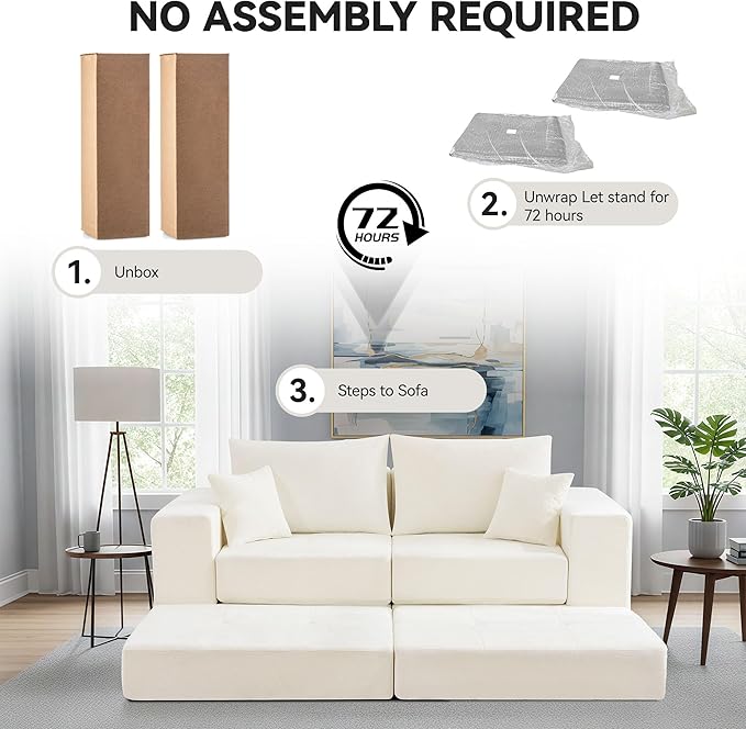 Boneless Sectional Loveseat Couch with Ottoman, Convertible Tufted Button Modular Floor Sleeper Sofa Bed, Comfy Foldable Compression Love Seat Sofa for Living Room, No Assembly, Beige