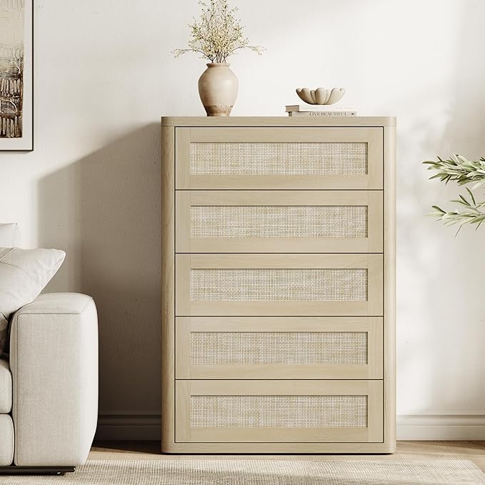 SICOTAS Tall Dresser for Bedroom - Rattan 5 Drawer Dressers Chest of Drawers with Push-to-Open Design, Boho Extra Deep Clothes Dresser with Large Storage for Closet, Living Room, Sand Oak