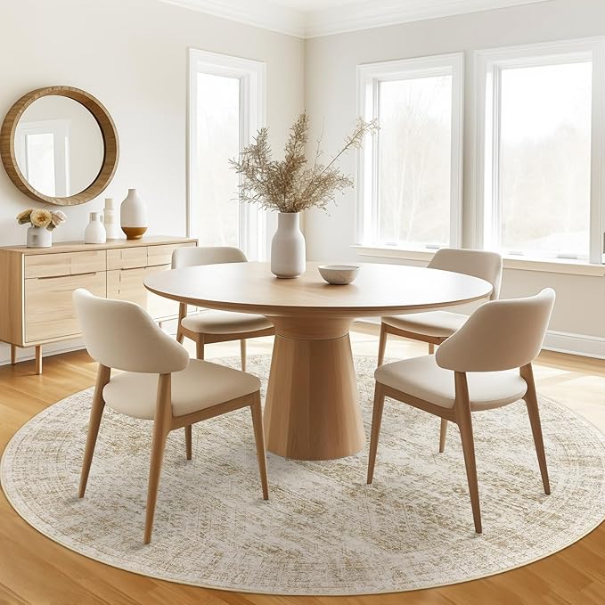 8x8 Beige Round Rug 8ft Living Room Circle Rug Vintage Round Area Rug Non Slip Indoor Carpet for Apartment