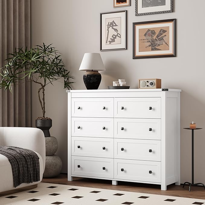 Dresser for Bedroom with 8 Drawers, Farmhouse Wood Chest of Drawers, Wide TV Stand Closet Storage Furniture with Metal Handle, Modern Clothes Organizer for Hallway, Living Room, Entryway, White