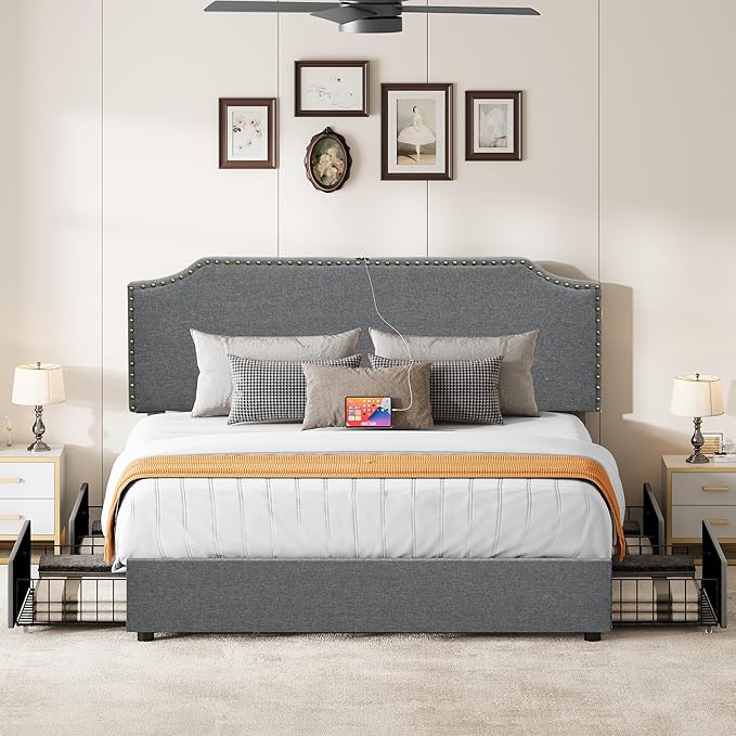 YITAHOME King Bed Frame with 4 Storage Drawers, Upholstered Platform Bed Frame with Adjustable Rivet-Trimmed Headboard, USB & Type-C Charging Ports, Wooden Slats, Easy to Assemble (Gray)