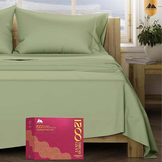 Mayfair Linen 100% Egyptian Cotton Full Size Bed Sheets - Luxury 1200 Thread Count Egyptian Cotton Sheets Full Size Bed Set (4 PC, Sage Green), Soft, Cooling, 17" Deep Pocket Sateen Weave Bedding