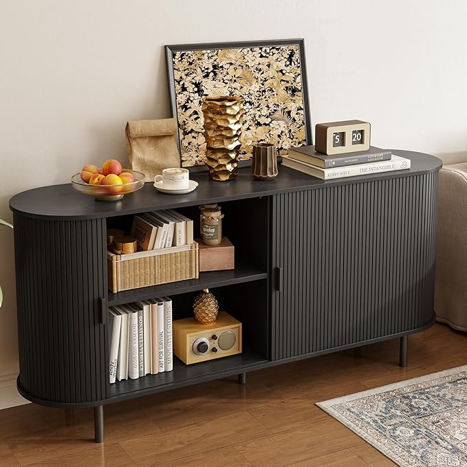 ONBRILL 63" Sideboard Buffet Cabinet with Storage, Storage Cabinet with Sliding Door & Adjustable Shelf, Modern Accent Coffee Bar Console Table for Kitchen, Entryway, Black