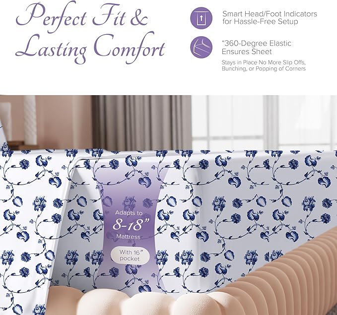 Carressa Linen Luxury Egyptian Cotton Twin XL Printed Sheet Set - 600 Thread Count Extra Long Staple 3 PC Set, Floral Blue Twin XL Sheets, Soft, Cooling Sateen Weave Sheets Upto 18 in Deep Pocket