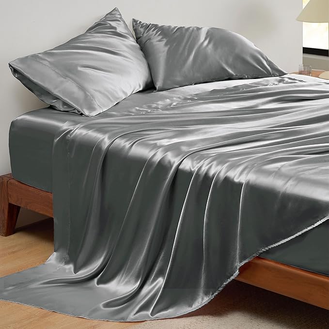 Bedsure Satin Sheets Queen Size - 4 Piece Silky Bedsheets with 15 Inches Deep Pocket Fitted Bedsheet,1 Flat Sheet, 2 Satin Pillowcases, Good for Hair & Skin (Queen, Dark Grey)