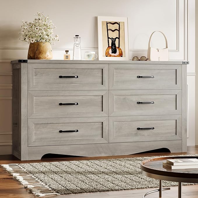 6-Drawer Dresser for Bedroom, Modern Wooden Chest of Drawers with Metal Handles, Anti-Tipping Design, Sturdy and Stable Storage Organizer for Living Room, Entryway, Home Office