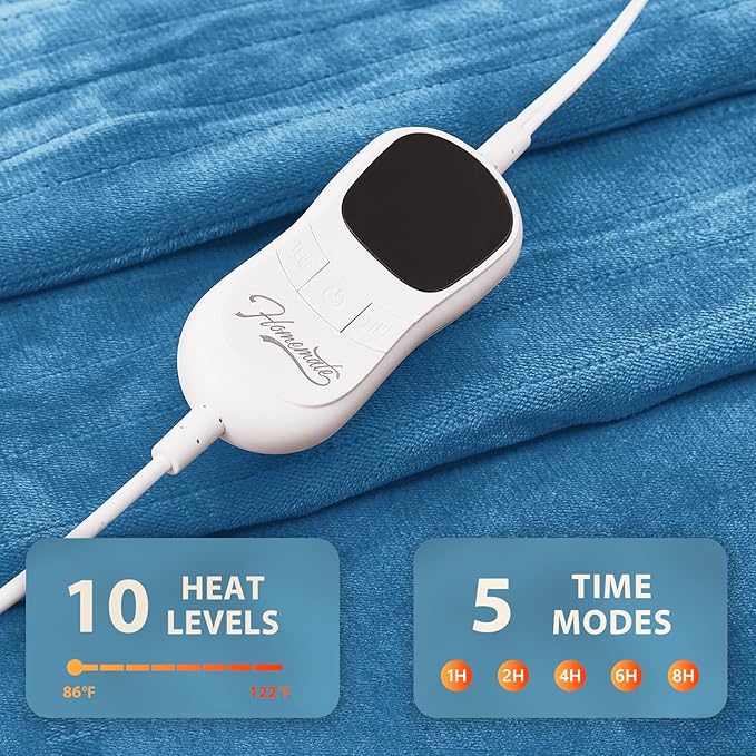 Homemate Electric Heated Blanket Twin Size - 62"x84" Heating Blanket Twin Size 1/2/4/6/8 Hours Auto-Off 10 Heat Level Over-Heat Protection Flannel Sherpa ETL Certification