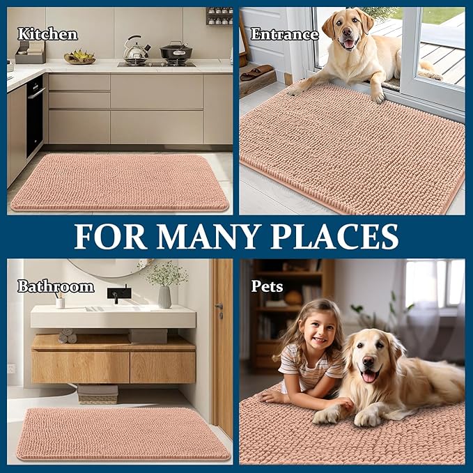 OLANLY Dog Door Mat for Muddy Paws 24x16, Absorbs Moisture and Dirt, Absorbent Non-Slip Washable Doormat, Quick Dry Chenille Mud Mat for Dogs, Entry Indoor Entryway Carpet for Inside Floor, Peach