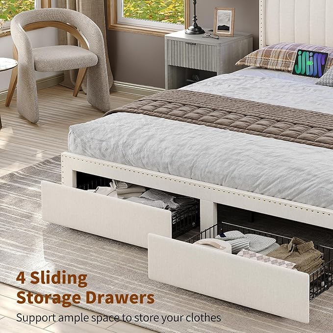 King Size Bed Frame with LED Light and Charging Station, Upholstered Bed Frame with 4 Drawers and 2-Tier Storage Headboard, Easy Assembly, Wooden Slats Support, No Box Spring Needed