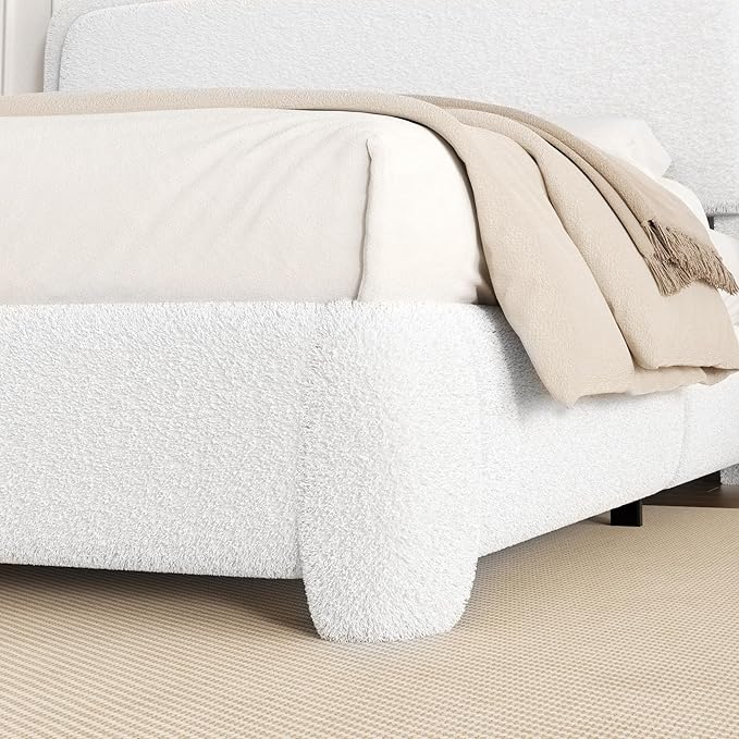 King Size Boucle Bed Frame, Upholstered Cloud Platform Bed Frame with Headboard, Anti-Collision Soft Rounded Corners, No Box Spring Required, Easy Assembly, Noise Free, Adjustable Headboard