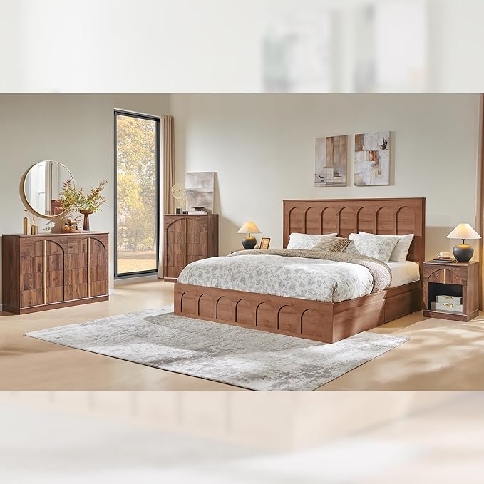 ACCOHOHO Modern Night Stand with Arched Panel,18" Wooden nightstand with Charging Station,Bedside Table with Drawer Storage,Side End Table with Open Shelf for Bedroom,Living Room,Brown