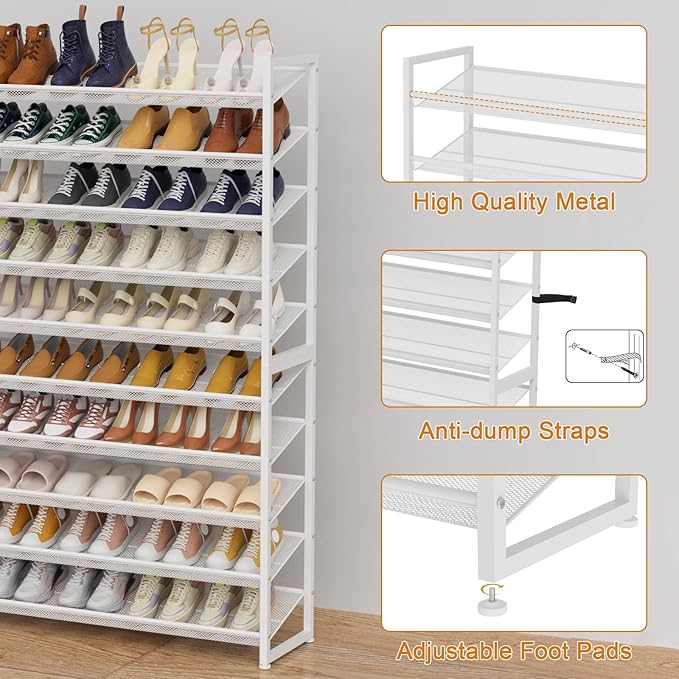 Large Shoe Rack 10 Tier Shoe Organizer, Heavy Duty Metal 5-Tier Stackable Shoe Storage Vertical Shoe Rack for Closet Front Door Entrance, Up to 62 Pairs, 44.8" W x 11.4" D x 71.2" H, White