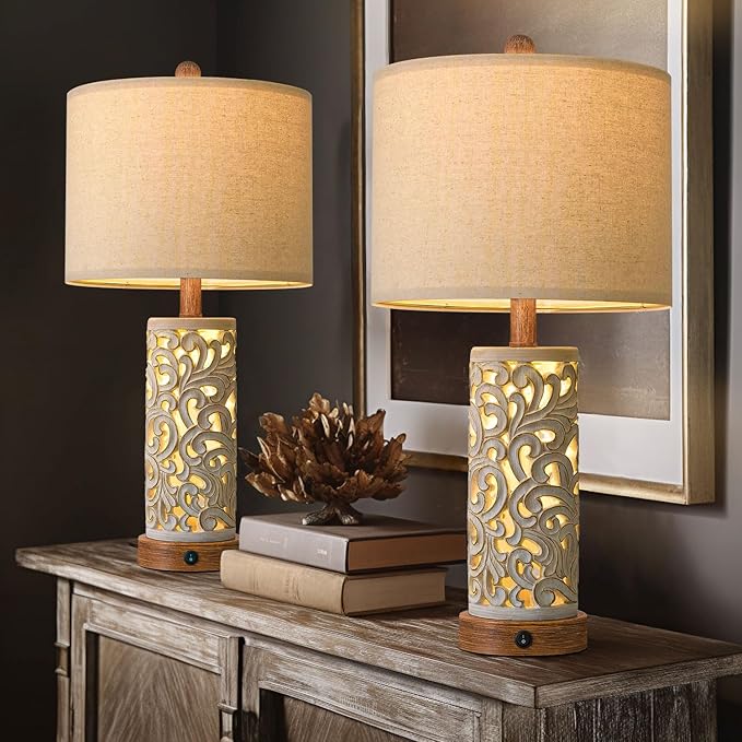 OYEARS 22'' Table Lamp Set of 2 for Living Room,Farmhouse Lamp for for Bedroom,Vintage Retro Bedside Lamps with USB Ports Linen Shade for Home Office (Brown, Bulb Included)