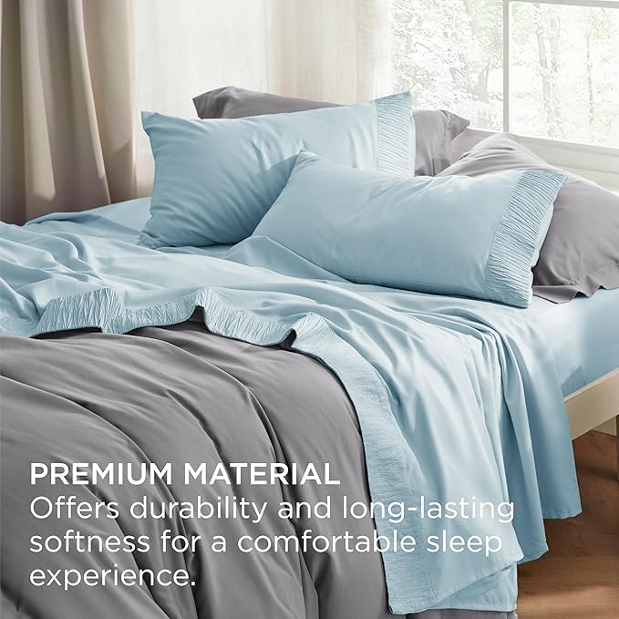 Bedsure Queen Sheet Set - 4 Pieces Soft Queen Size Sheets - Breathable & Cooling - Hotel Luxury - Easy Care Polyester Microfiber Bedding for Women, Men, Light Blue
