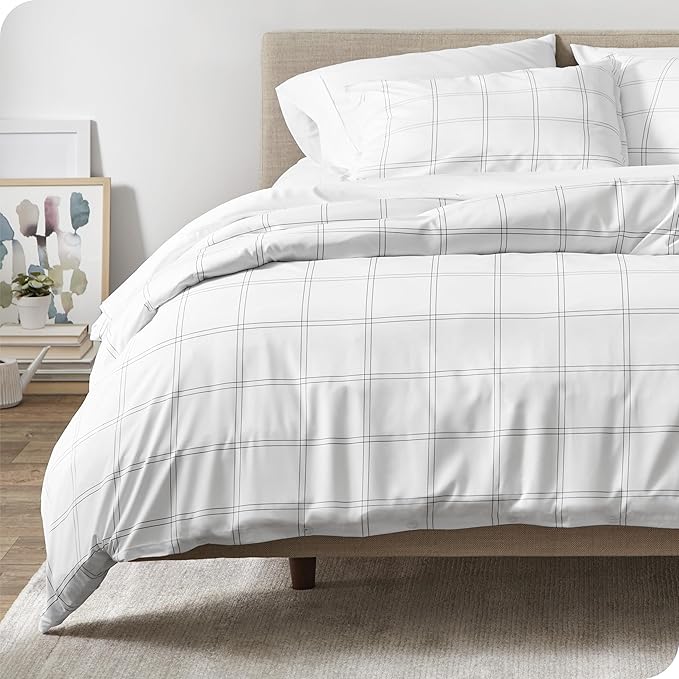 Bare Home Duvet Cover - Oversized Queen Size Bedding Set - Premium 1800 Super Soft Collection - Lightweight, Cooling - Soft Breathable Duvet Cover (Oversized Queen, Modern Plaid - White/Grey)