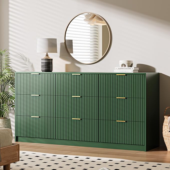 Green 9 Drawer Dresser for Bedroom, 63" Wide Modern Fluted Dresser with Gold Metal Handles, Chest of Drawers for Bedroom, Living Room, Entryway, Hallway