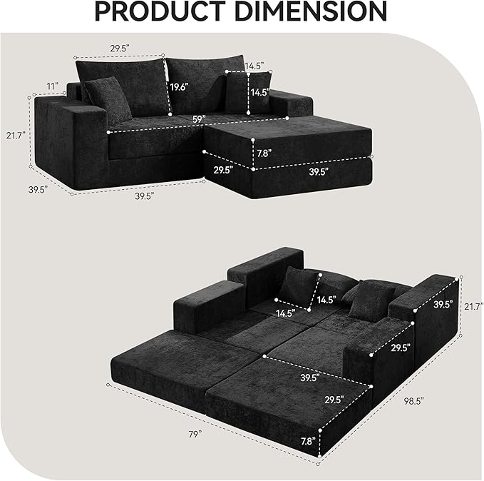 Boneless Modular Sectional Loveseat Couch with Ottoman, Convertible Floor Sleeper Sofa Bed, Comfy Foldable Compression Love Seat Sofa for Living Room, No Assembly, Black