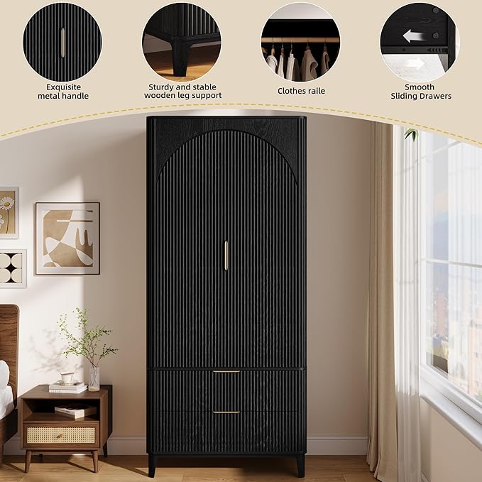 70.1" Arched Wooden Armoire Wardrobe Closet with 2 Doors and 2 Drawers, Fluted Bedroom Armoire with Hanging Rod Shelf, Clothing Storage Cabinet, Wardrobe Armoire Closet Cabinet for Bedroom