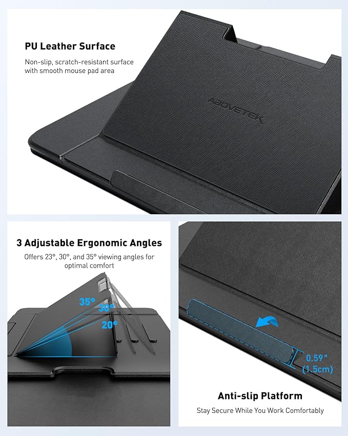 AboveTEK Adjustable Laptop Lap Desk, 3 Ergonomic Angles, PU Leather Non-Slip Surface, Heat Shield, Retractable Mouse Pad, Portable Laptop Lap pad Workstation for Bed, Sofa, Travel