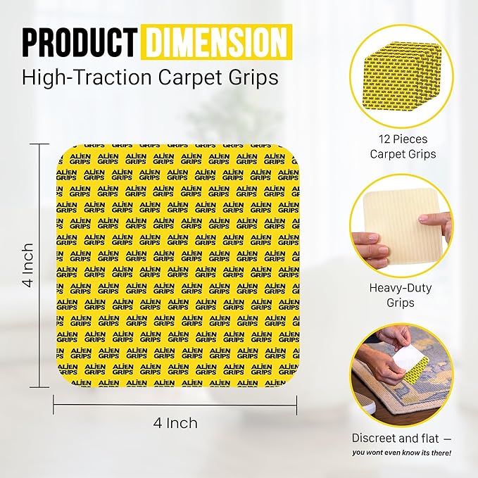 Alien Grip Rug Gripper Carpet Tape - 12pcs, 4x4 in. Anti-Slip Hardwood, Tile Floor, No Damage - Double Sided Reusable, Non Slip Corner Rug Pads - As Seen on TV