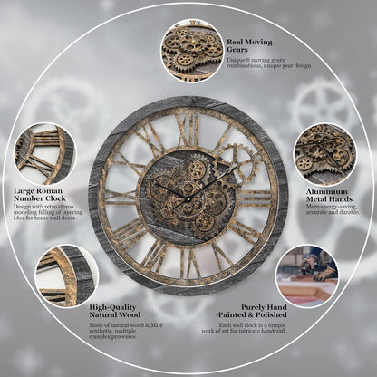 HOIBAI Wall Clock, Large Wall Clocks for Living Room Decor 18 Inch Battery Operated Silent Non-Ticking Modern Farmhouse Vintage Roman Big Wall Clock for Home Bedroom House Office, Moving Gears Clock