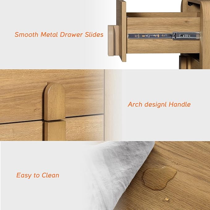 WAMPAT 23.7" Tall Modern Nightstands Set of 2, Wood Nightstand with Charging Station, Bedside Table w/2 Storage Drawers, Curved Profile Design, Sofa Side Table Accent Table for Bedroom, Light Walnut
