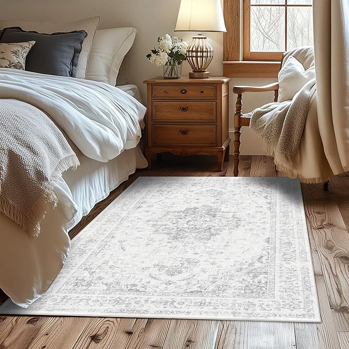 3x5 Vintage Washable Area Rugs Boho Medallion Large Distressed Retro Accent Carpet Floral Non-Slip Soft Low Pile Indoor Throw Rug for Living Room Bedroom Dining Room Office Kitchen, Gray