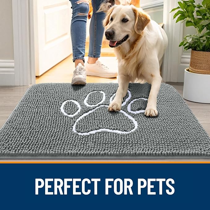 OLANLY Dog Door Mat for Muddy Paws 48x30, Paw Print Design, Absorbs Moisture and Dirt, Absorbent Non-Slip Washable Doormat, Quick Dry Chenille Mud Mat, Entry Indoor Entryway Carpet, Grey and White