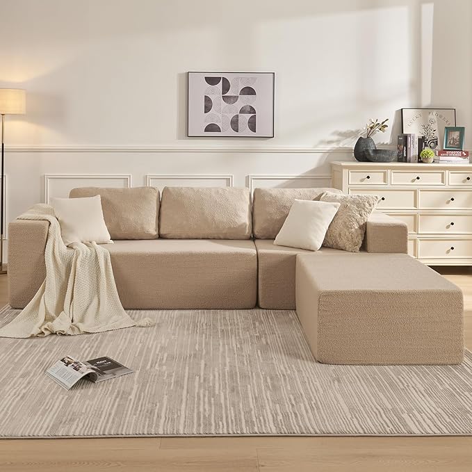 106" Modular Sectional Couch Left/Right Facing Convertible, L-Shape Modern Teddy Sofa, Deep Seat Upholstered Foam Couch for Living Room Bedroom, No Assembly Required (Camel, Teddy Boucle)