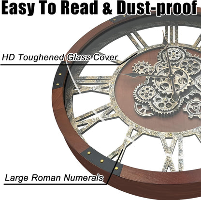 DORBOKER 30" Original Moving Gears Wall Clock, Large Industrial Wall Clock for Living Room Decor, Retro Wood Vintage Farmhouse Steampunk Rustic Clocks for Wall Decor,Black Walnut