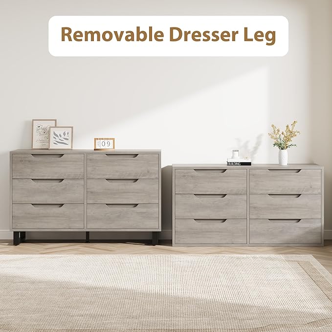 GarveeHome 6 Dresser for Bedroom, 47.2 in Wide Dresser, Freestanding Vertical Drawer Cabinet with Storage, Wooden Closet Storage Chest for Living Room, Hallway, Entryway, Ash Grey