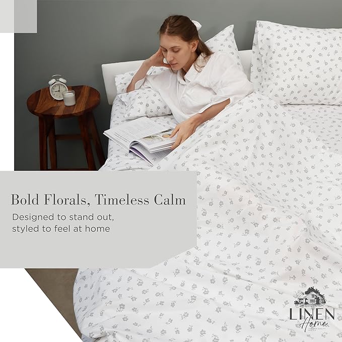Linen Home 100% Cotton Printed Percale Sheets King Size, Deep Pocket, 4 Pieces Set - 1 Flat, 1 Deep Pocket Fitted Sheet and 2 Pillowcases, Crisp Cool and Strong Bed Linen, Grey Silhouette Floral
