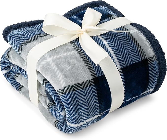 PAVILIA Blue Navy Plaid Sherpa Throw Blanket for Couch Twin, Plush Flannel Fleece, Soft Fuzzy Cabin for Sofa Bed, Warm Cozy Winter Gift, 60x80